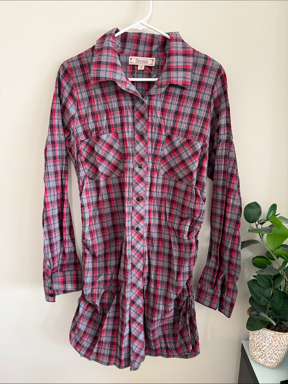 Decree Pink and Gray Plaid Button-Up Dress